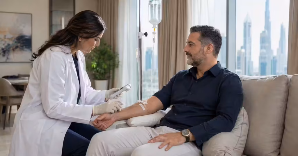 NAD+ IV drip Dubai - DrPlus DHA-licensed doctor administering NAD+ therapy at home