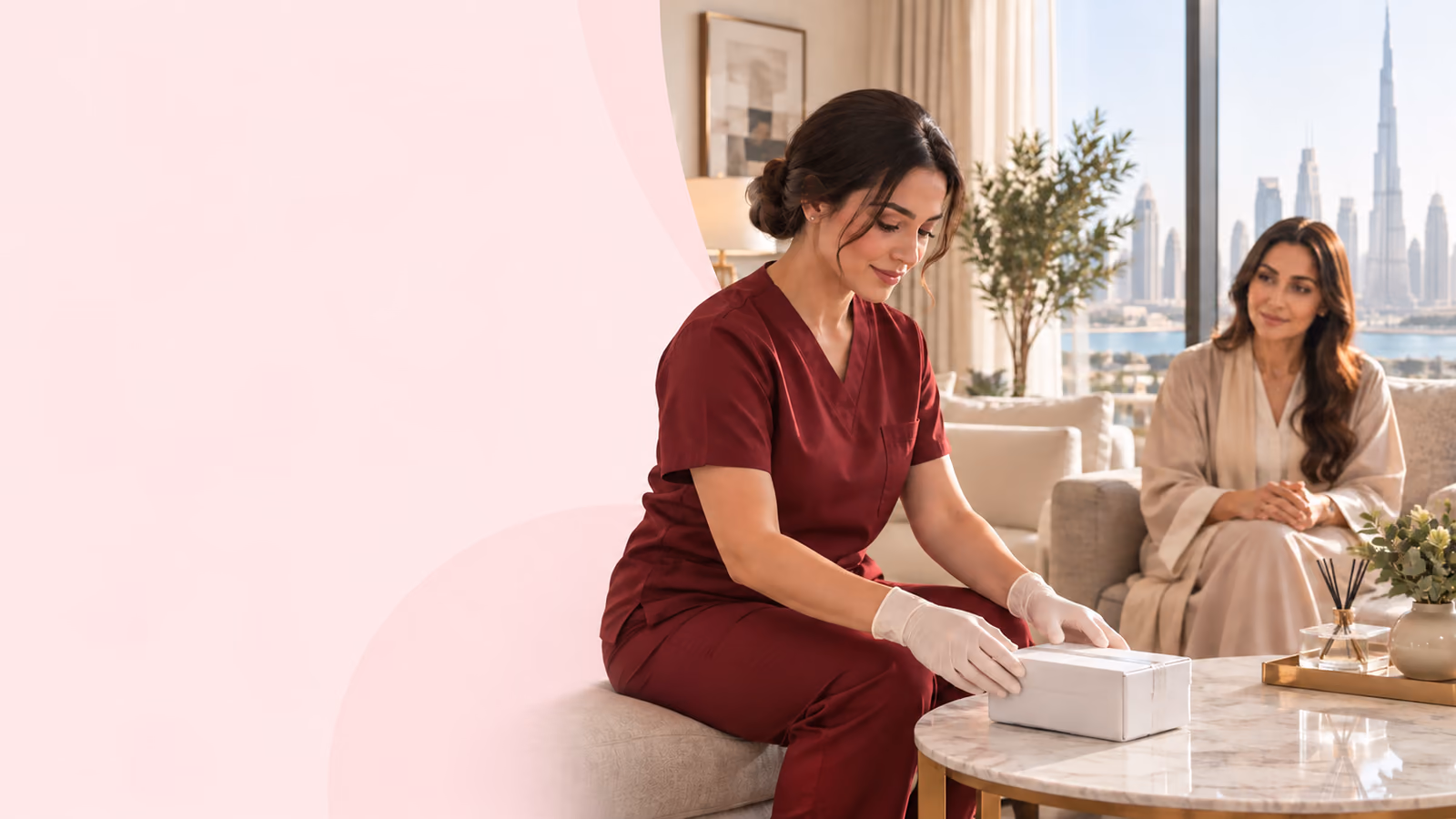 Healthcare worker preparing a collection kit for a PCR test at home, with an adult seated nearby.