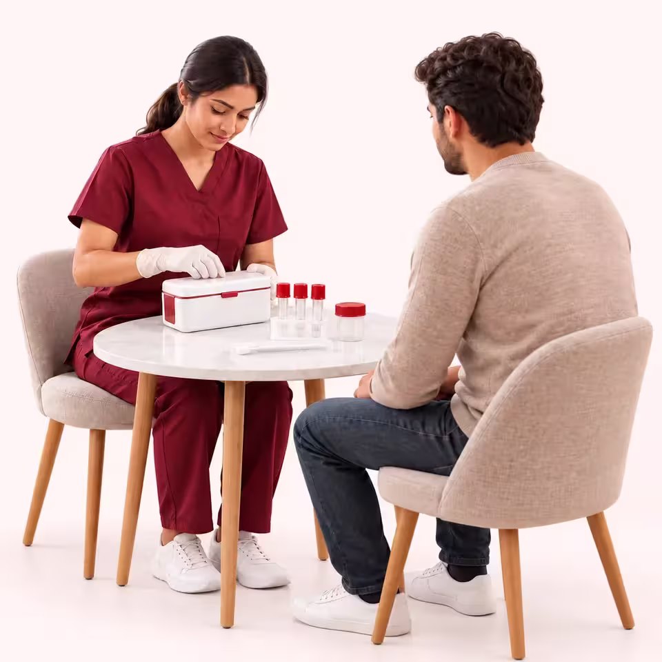 Nurse preparing a medical kit while an adult patient sits opposite.