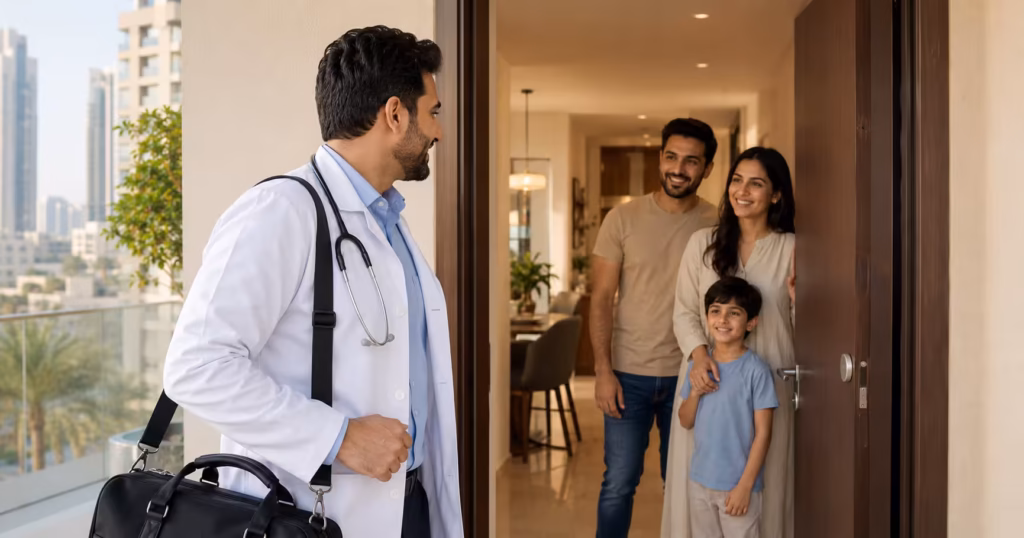 doctor at home Dubai - DrPlus DHA-licensed doctor providing home medical care