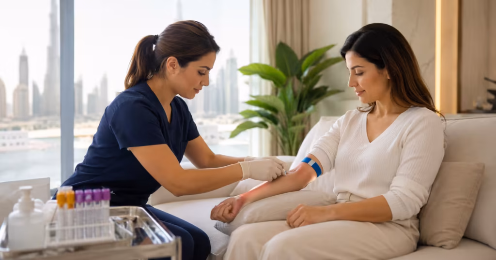 thyroid test at home Dubai - DrPlus DHA-licensed nurse collecting blood sample