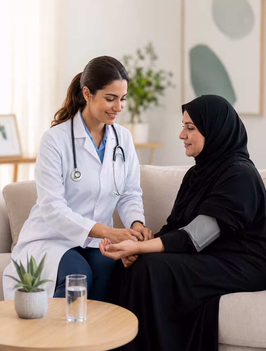 Female DHA licensed doctor treating an Arabic patient at home in Dubai