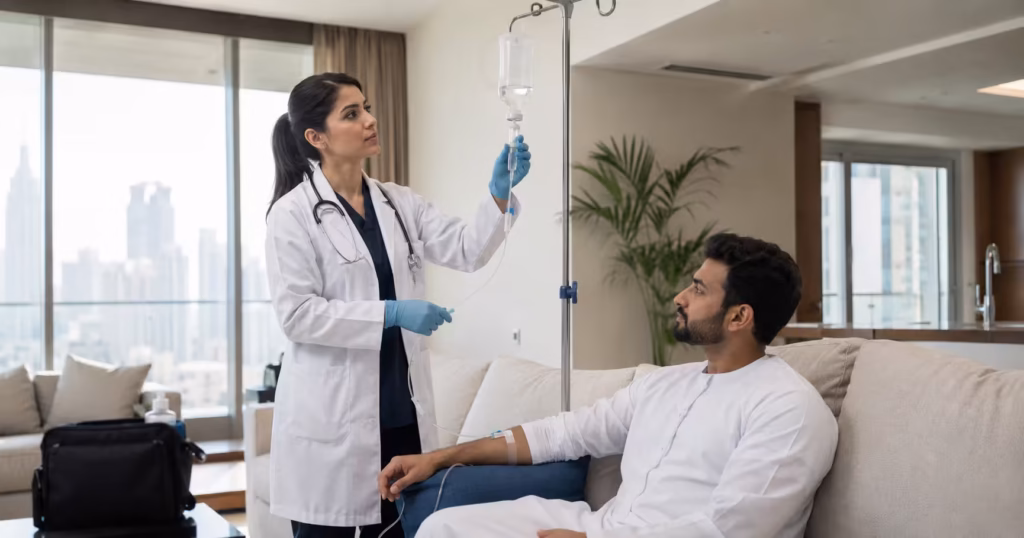 IV drip cost in Dubai - DrPlus DHA-licensed doctor administering IV therapy at home