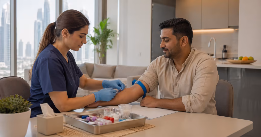 diabetes test at home Dubai - DrPlus DHA-licensed nurse collecting blood sample for diabetes screening