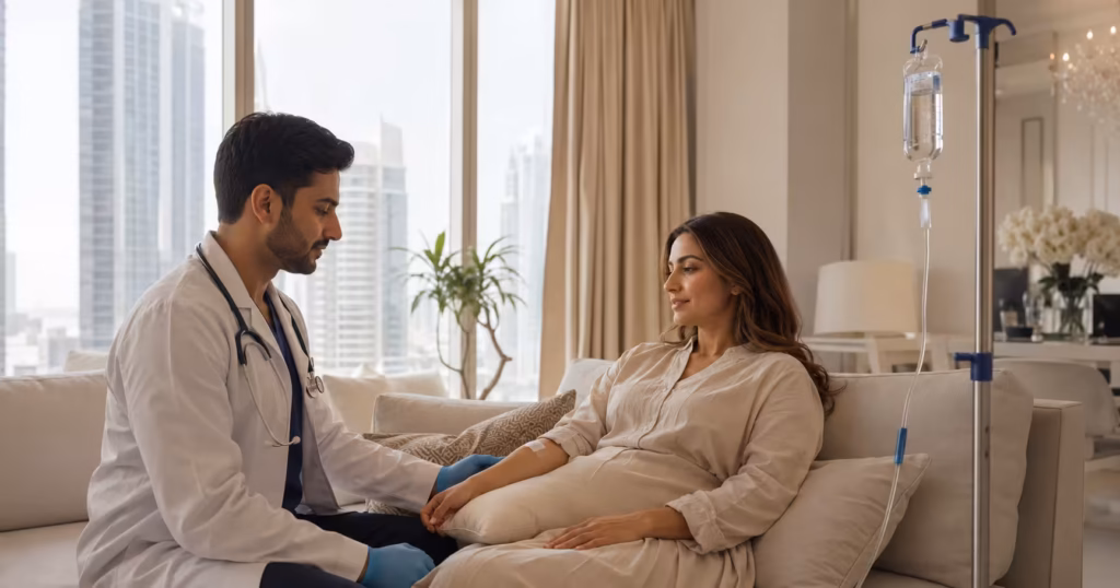multivitamin drip Dubai - DrPlus DHA-licensed doctor administering multivitamin IV therapy at home
