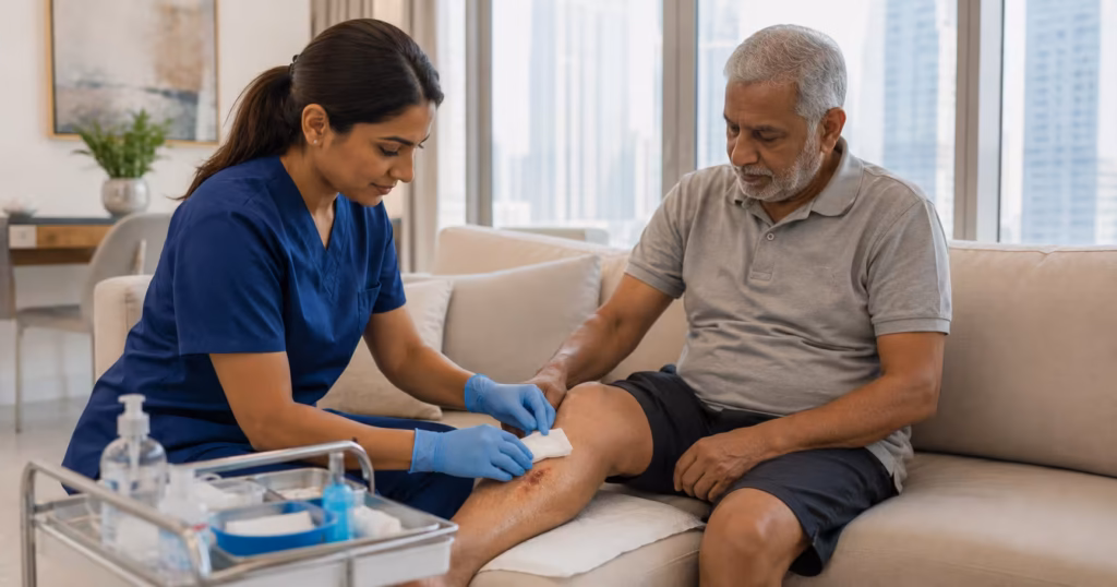 wound care at home Dubai - DrPlus DHA-licensed nurse performing professional wound dressing