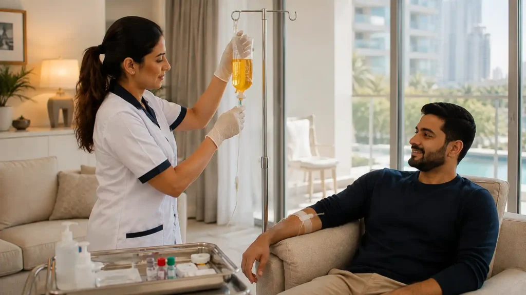 detox drip therapy Dubai DHA-licensed nurse IV infusion at home