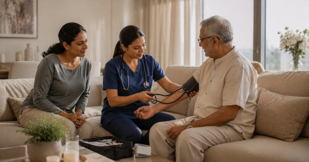 senior wellness checks at home - DrPlus DHA-licensed nurse conducting elderly health assessment