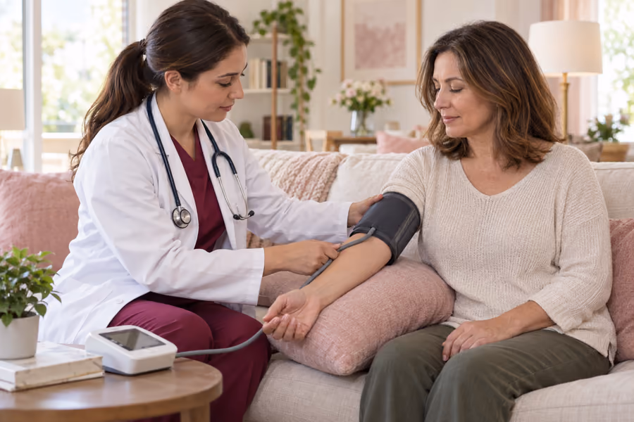 Female doctor checking a seated adult patient’s blood pressure at home.