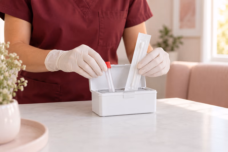 Gloved hands packing a capped transport tube and sealed swab into a medical kit.