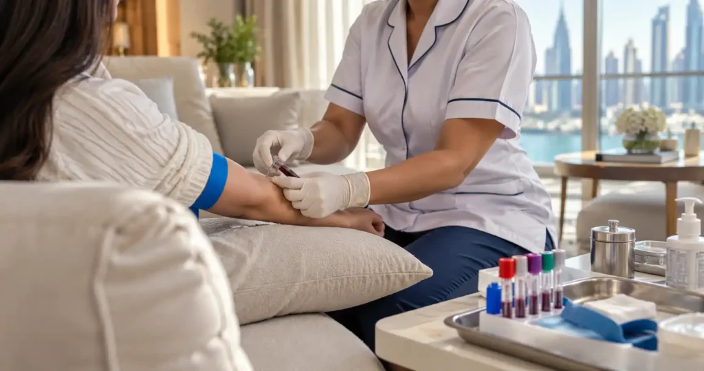 iron deficiency profile test at home Dubai - DrPlus nurse collecting blood sample