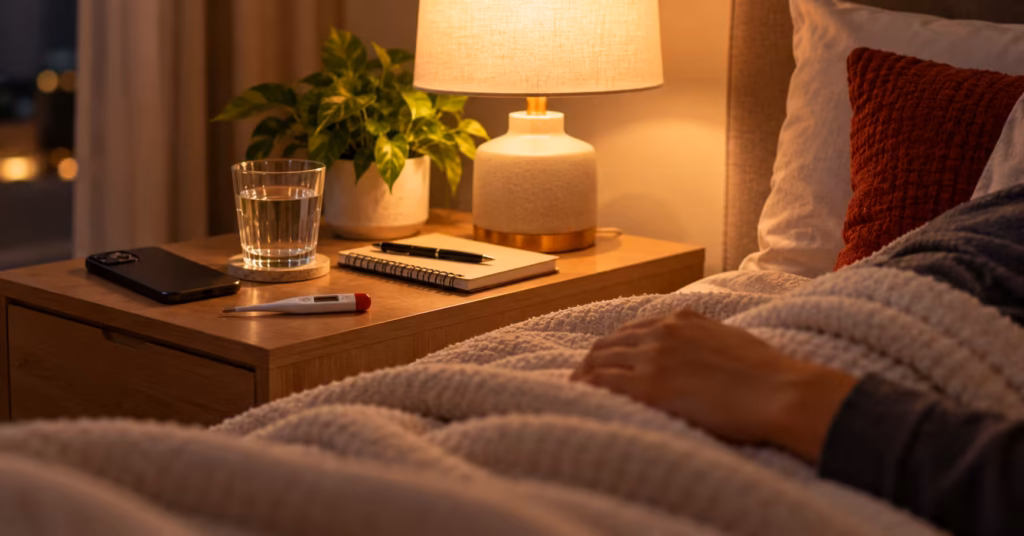 Fever at night in adults: thermometer, water and notebook on a bedside table at night