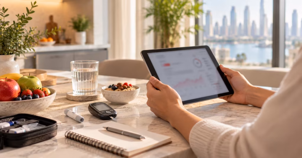 HbA1c levels explained: glucose meter, notebook and healthy food on a kitchen table