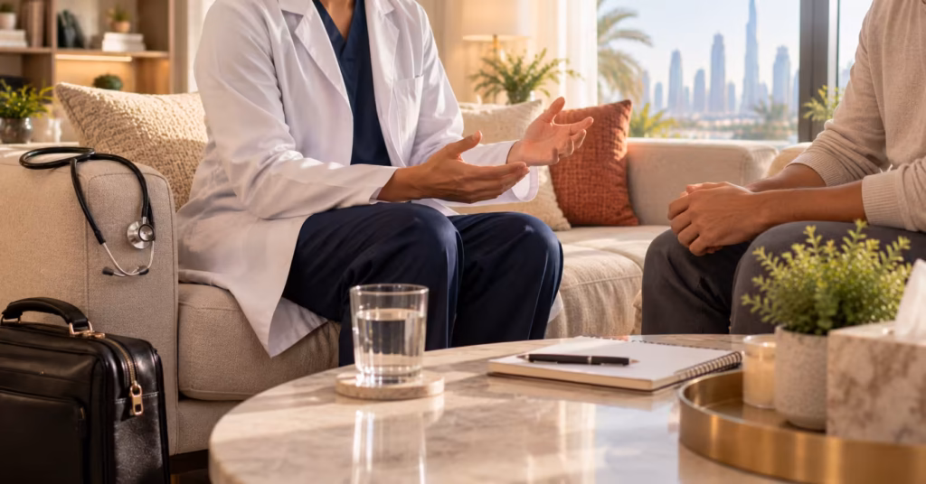 How home doctors diagnose illness: doctor consulting a patient at home in Dubai