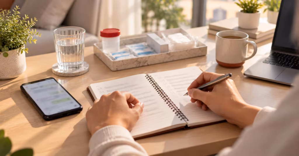 How to choose a home blood test provider in Dubai: checklist and phone on a desk at home