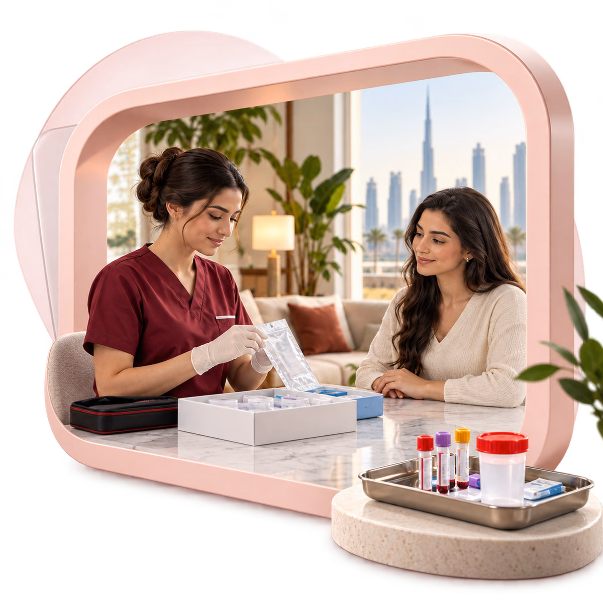 Lab test at home in Dubai with a nurse preparing a sample collection kit